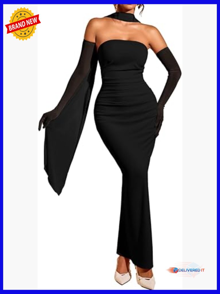 Women's Bodycon Maxi Dress With Scarf & Gloves, Ruched Tube Evening Party